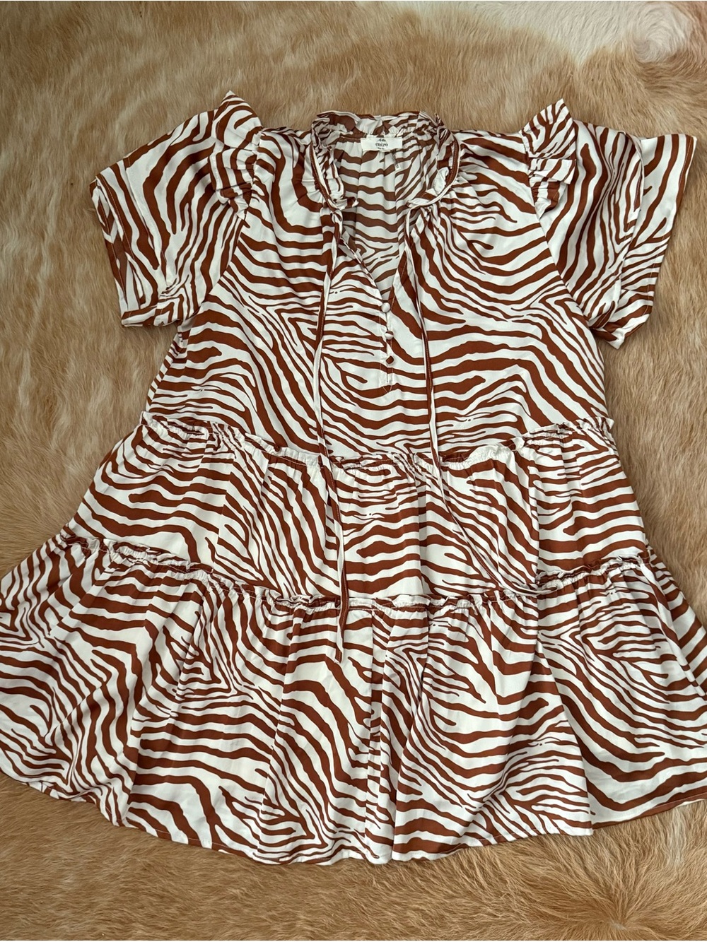 entro Brown and White Zebra-Stripe Tiered Babydoll Dress
